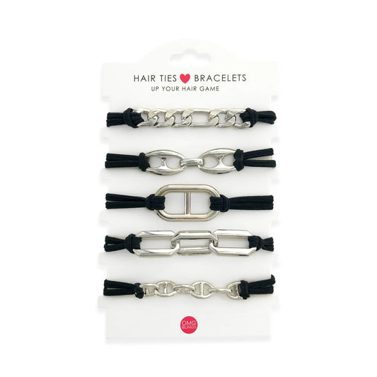 Black Silver Hair Tie Bracelet Set- OMG Blings