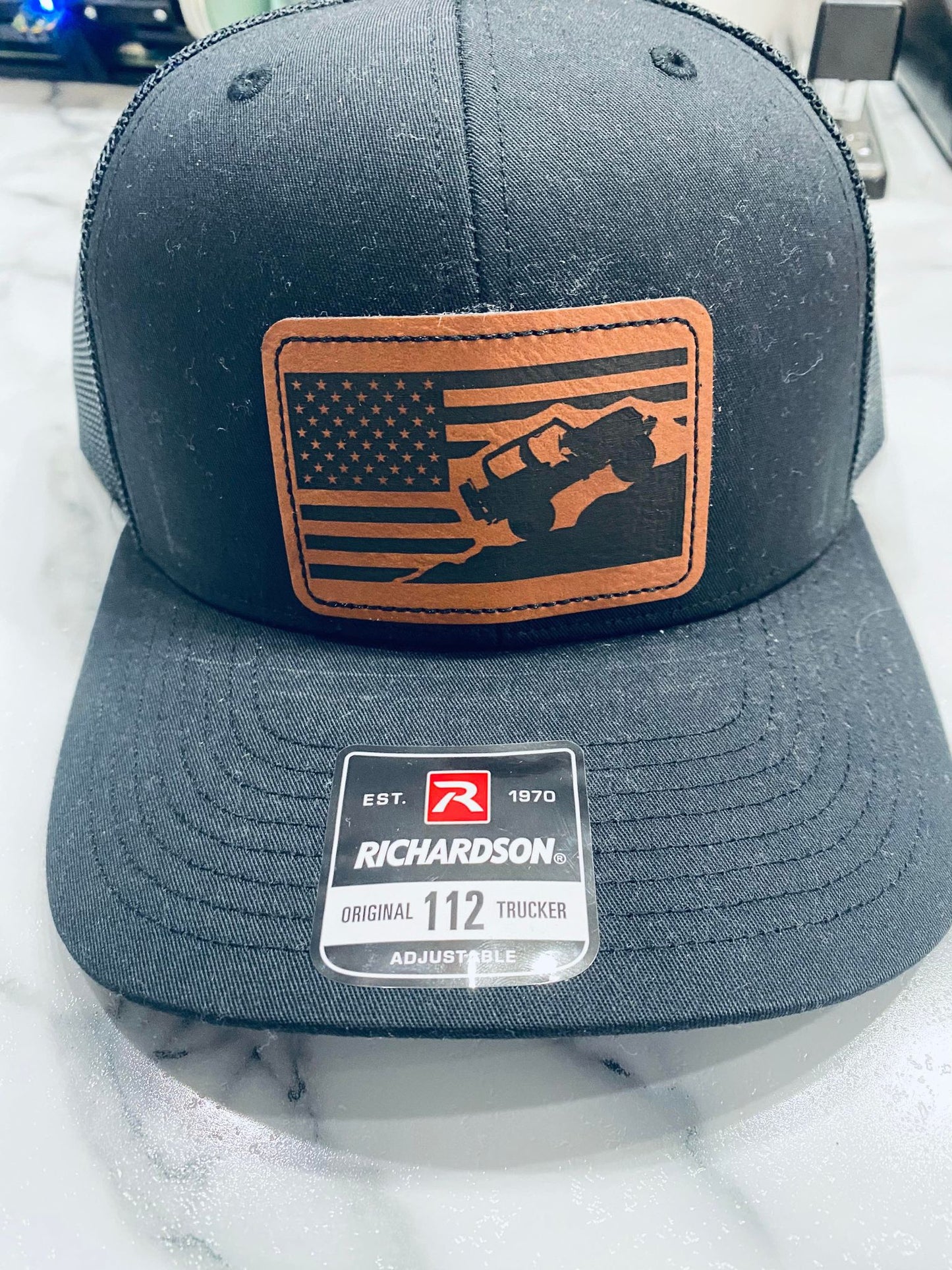 Ball Cap with Leather American Flag & Jeep